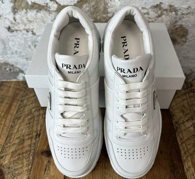 Prada Logo Plaque White Leather Low Top Sneaker Size 11 New