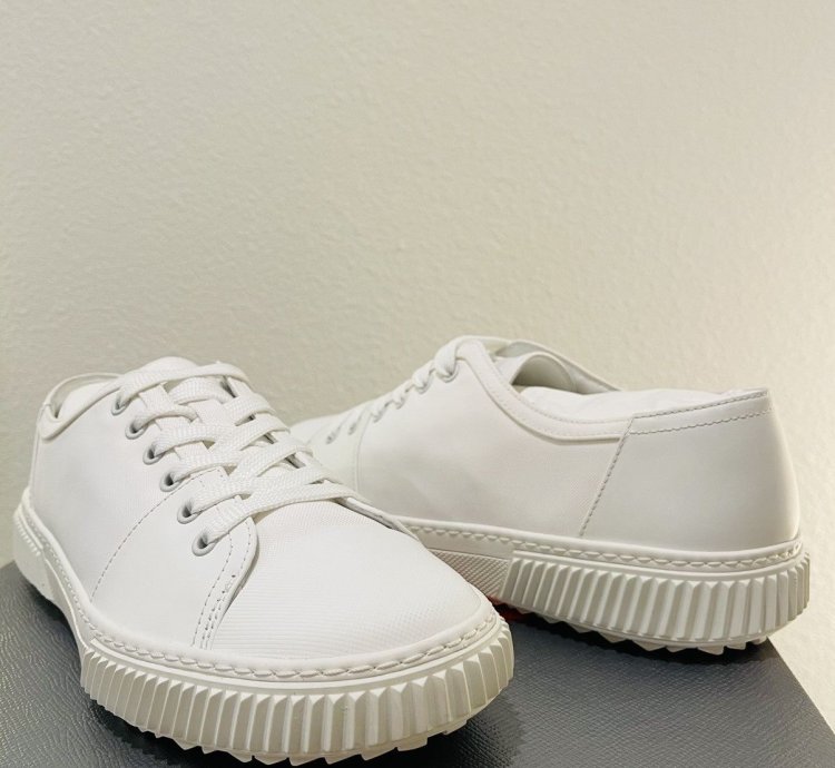 Prada Low Top Canvas And Leather Sneakers