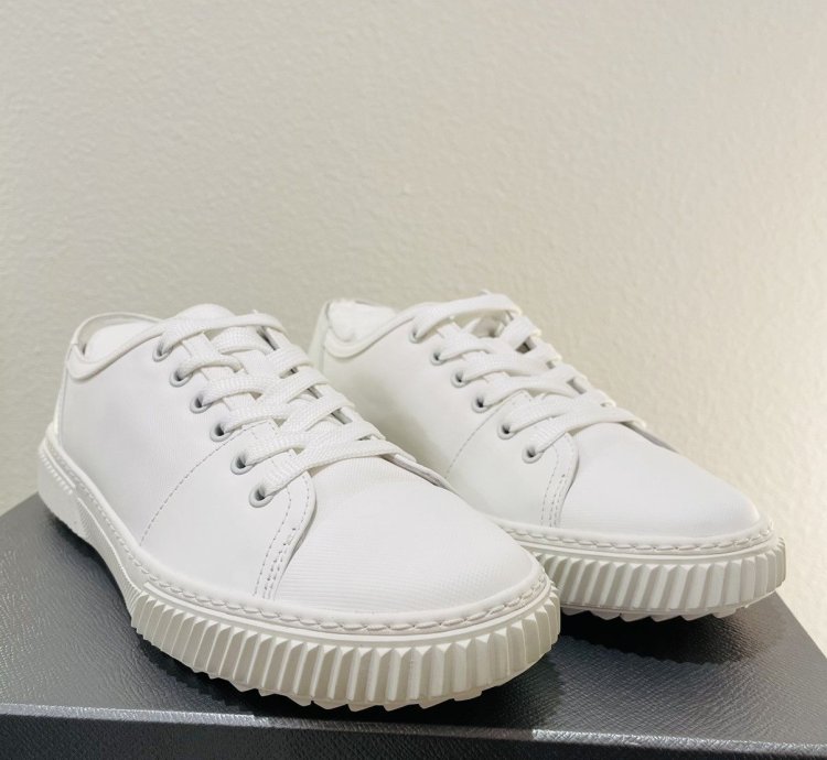 Prada Low Top Canvas And Leather Sneakers