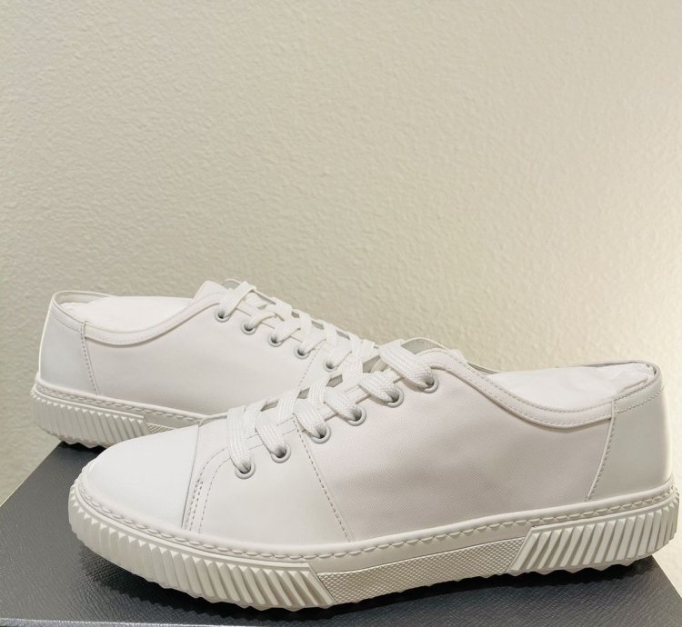Prada Low Top Canvas And Leather Sneakers