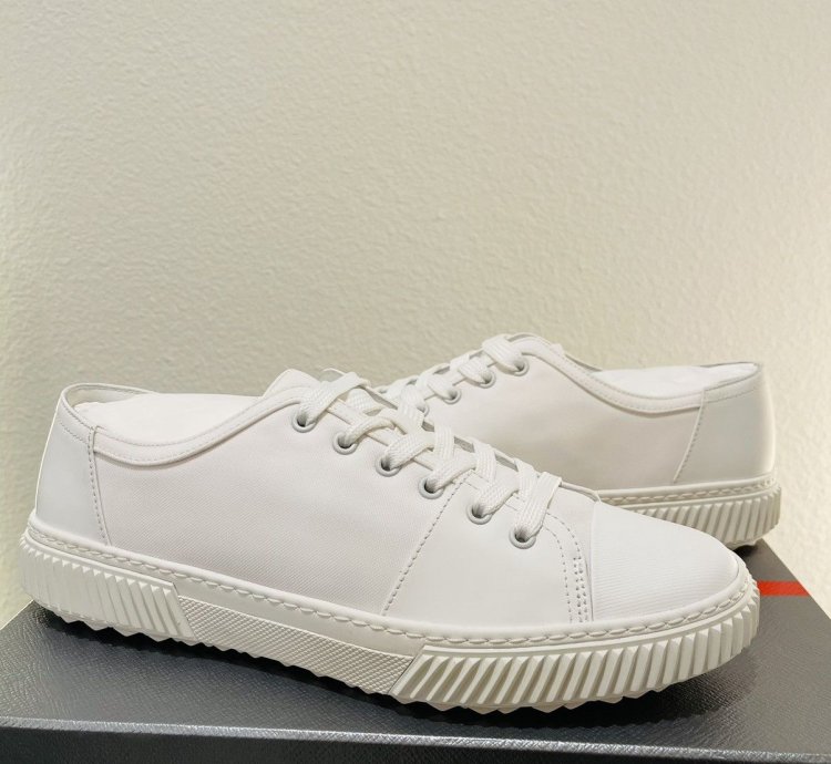 Prada Low Top Canvas And Leather Sneakers