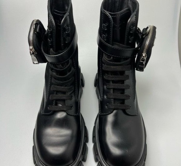 Prada Lug-sole Leather Combat Boots Black