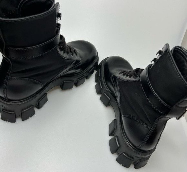 Prada Lug-sole Leather Combat Boots Black