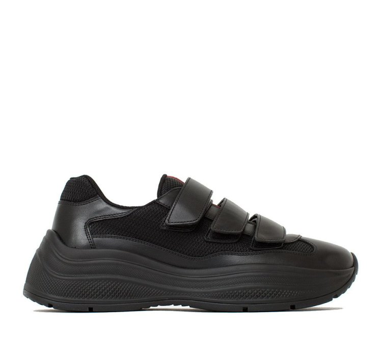 Prada Men America Cup Leather Strapped Sneakers Black