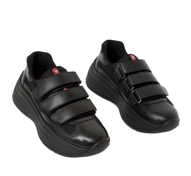 Prada Men America Cup Leather Strapped Sneakers Black