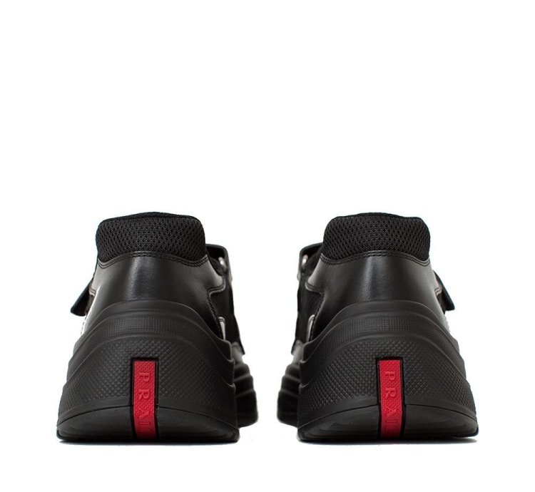 Prada Men America Cup Leather Strapped Sneakers Black