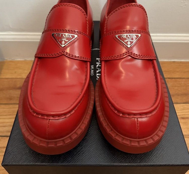 Prada Men Triangle Loafers In Red