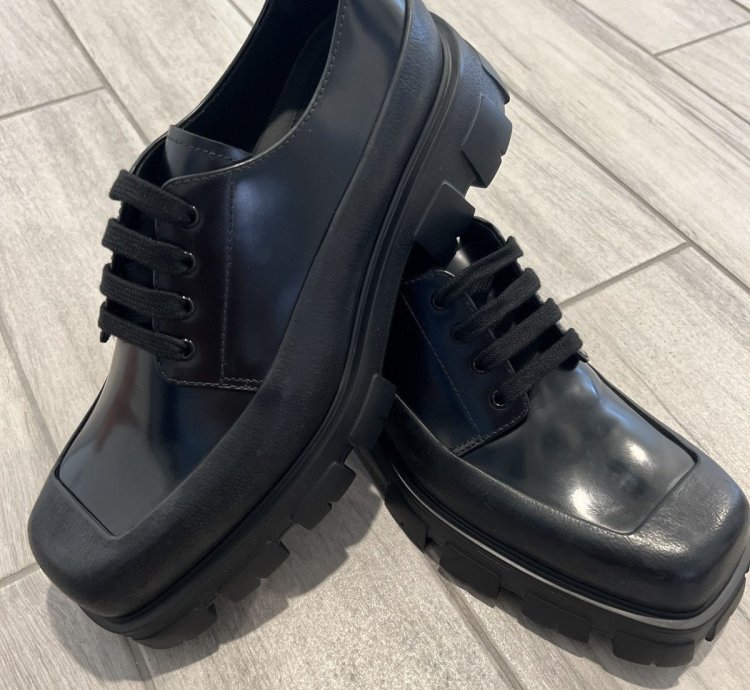 Prada Monolith Black Derby Leather Rubber Cap Toe Sz 11