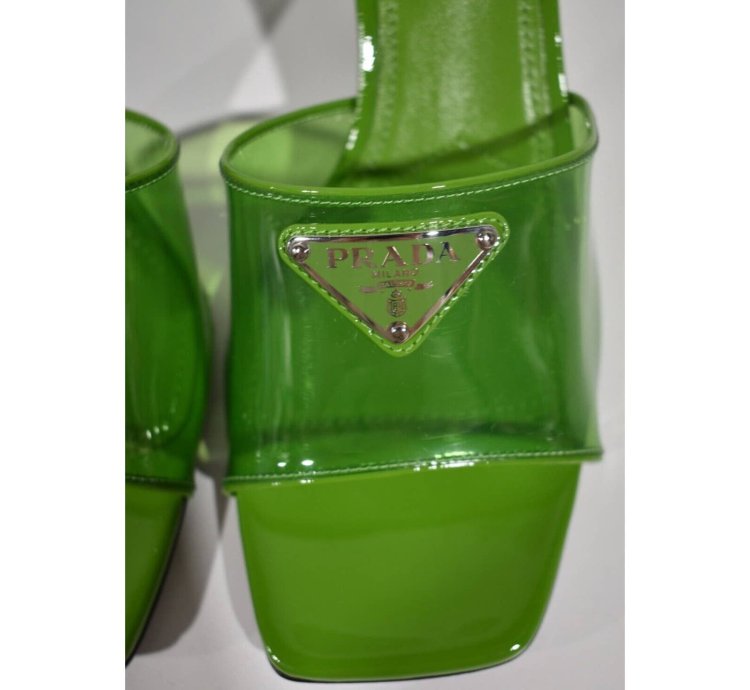 Prada Plexiglas Green Pvc Patent Leather Backless Sandal