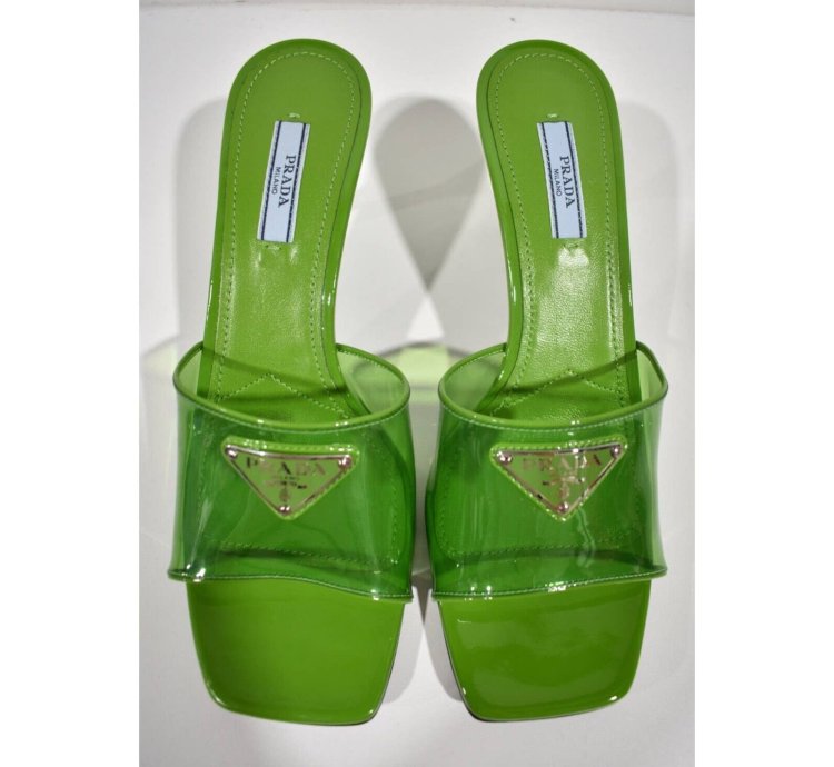 Prada Plexiglas Green Pvc Patent Leather Backless Sandal