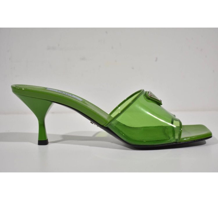 Prada Plexiglas Green Pvc Patent Leather Backless Sandal