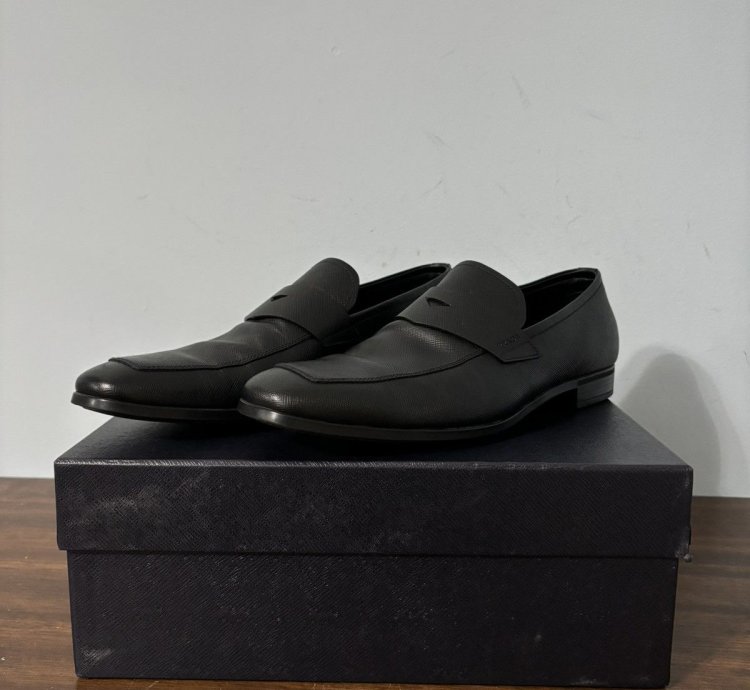 Prada Saffiano Logo Penny Loafers