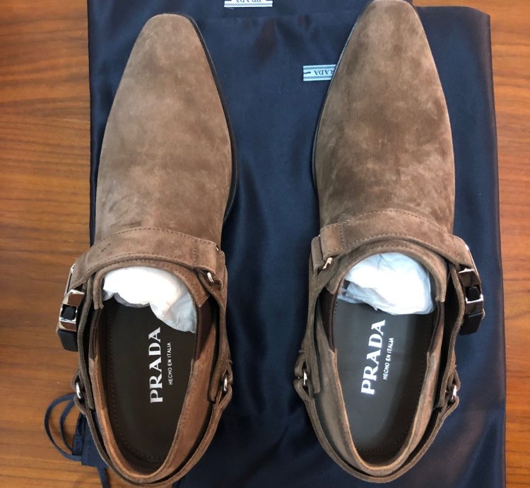 Prada Santiago Suede Logo Harness Western Brogue Shoe