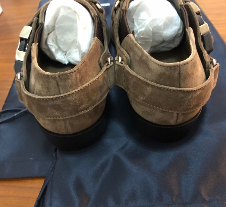 Prada Santiago Suede Logo Harness Western Brogue Shoe