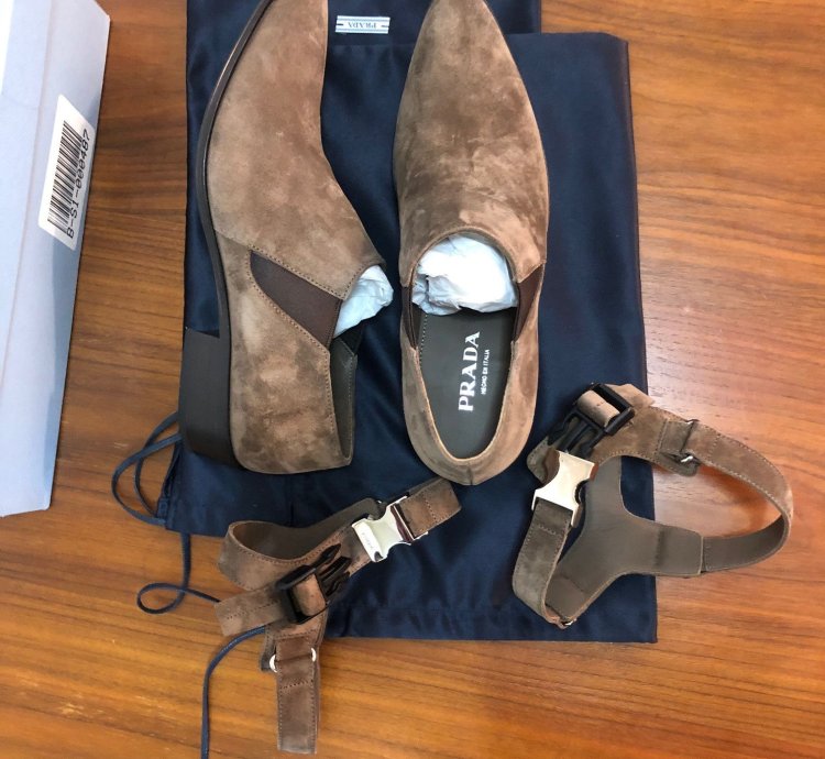 Prada Santiago Suede Logo Harness Western Brogue Shoe
