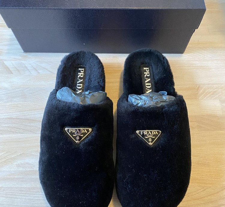 Prada Shearling Fur Logo Plaque Mules Clogs Slip On