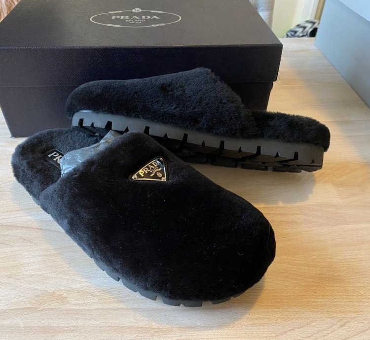 Prada Shearling Fur Logo Plaque Mules Clogs Slip On