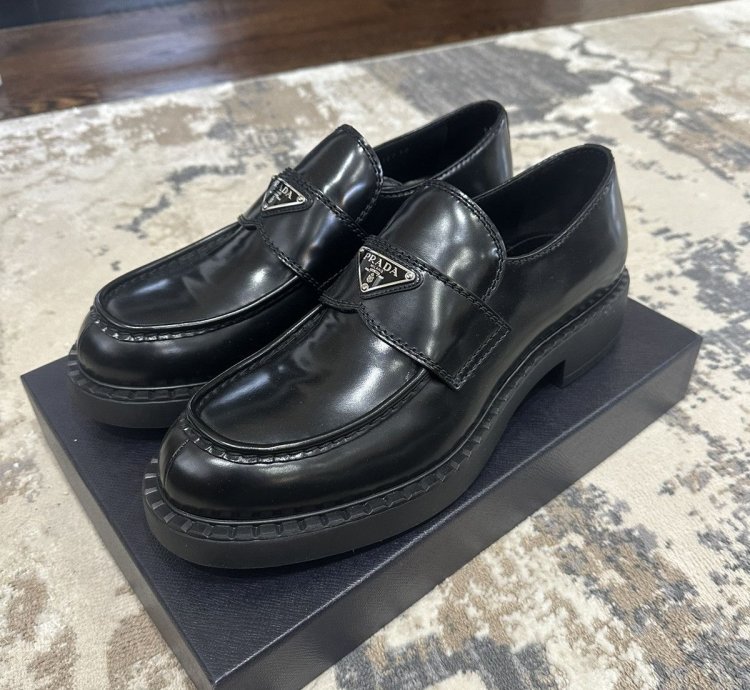 Prada Spazzolato Logo Platform Leather Loafers