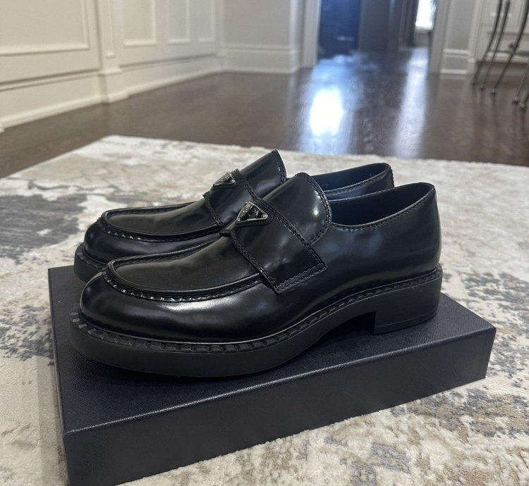 Prada Spazzolato Logo Platform Leather Loafers
