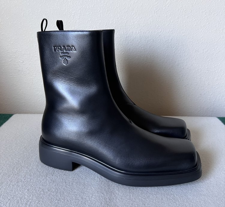 Prada Square Toe Leather Ankle Boots In Black
