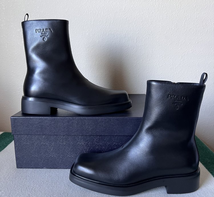 Prada Square Toe Leather Ankle Boots In Black