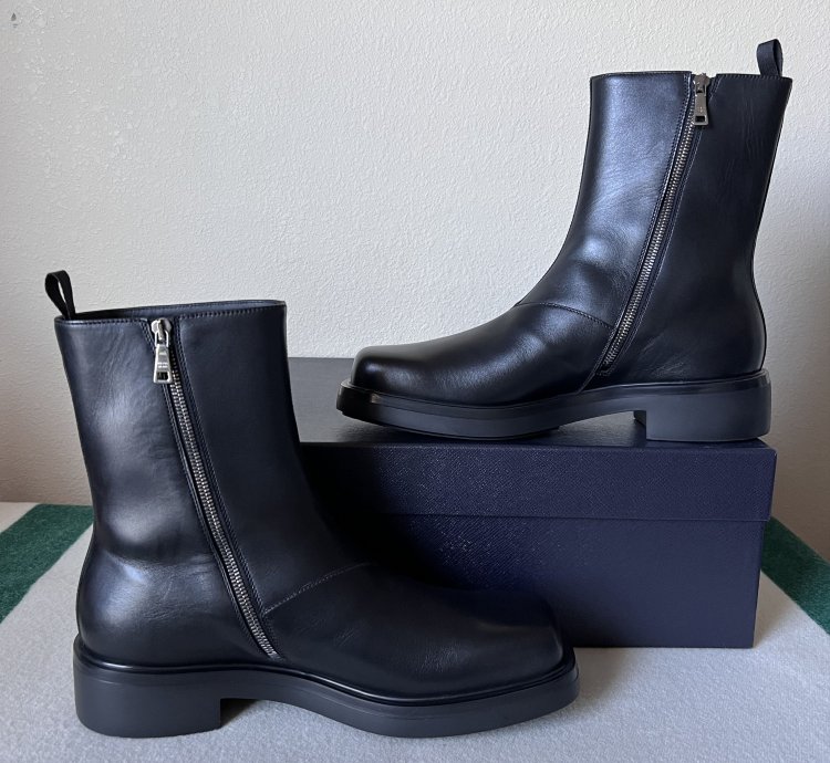 Prada Square Toe Leather Ankle Boots In Black