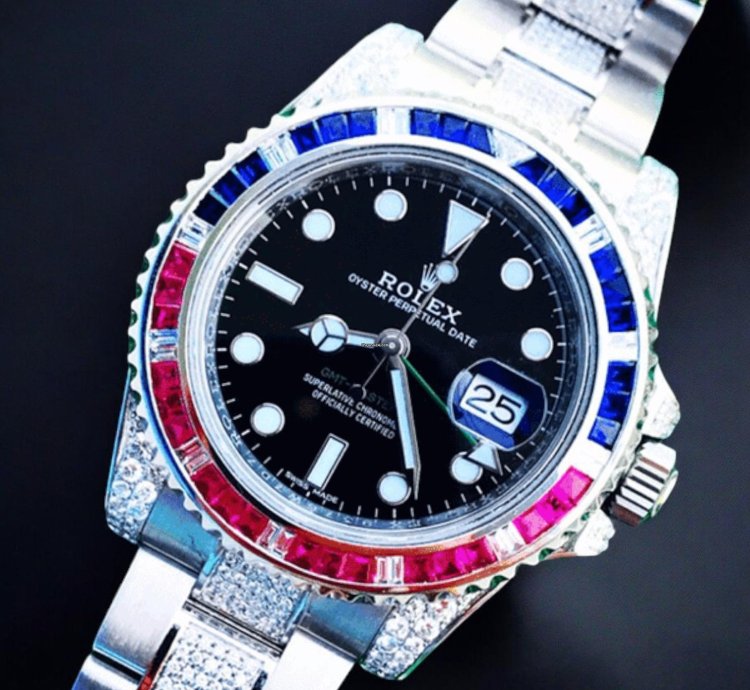 Rolex Gmt-master Ii Pepsi 40 Mm Oyster Black Dial Custom Diamond-set - Iced Out
