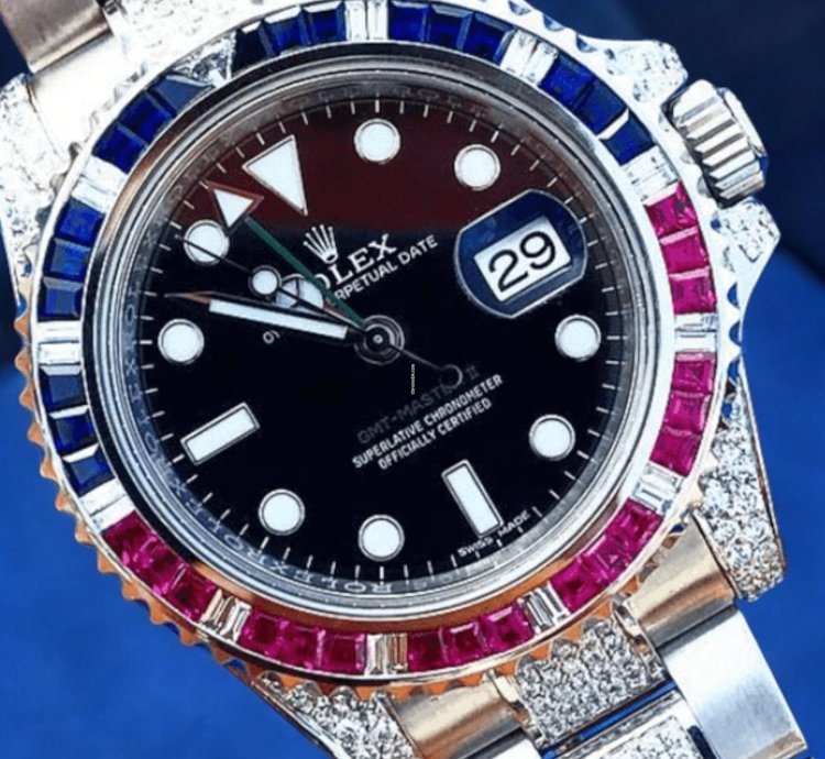 Rolex Gmt-master Ii Pepsi 40 Mm Oyster Black Dial Custom Diamond-set - Iced Out
