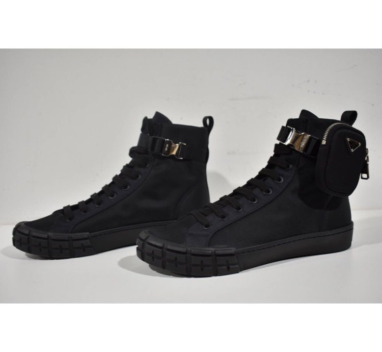 Prada Wheel Nylon Black Zip Pouch Logo High Top Sneaker