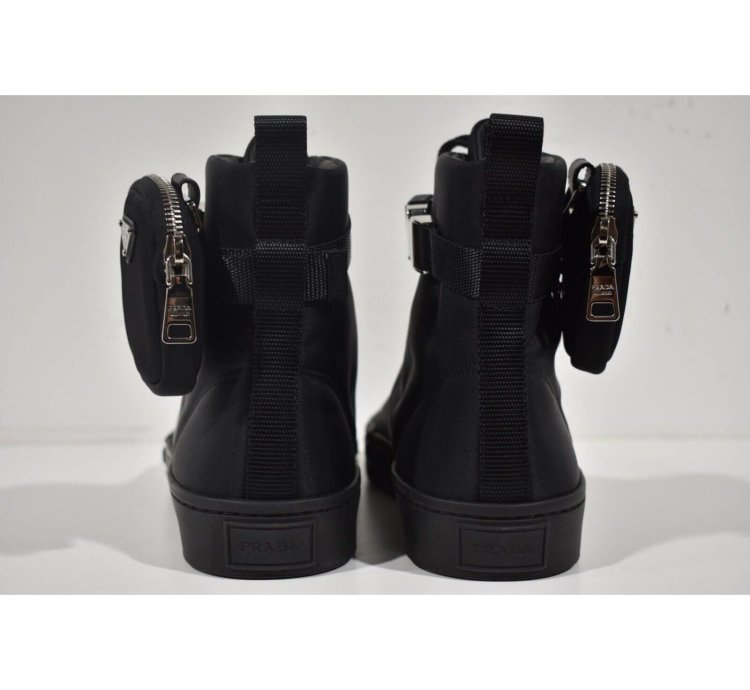 Prada Wheel Nylon Black Zip Pouch Logo High Top Sneaker