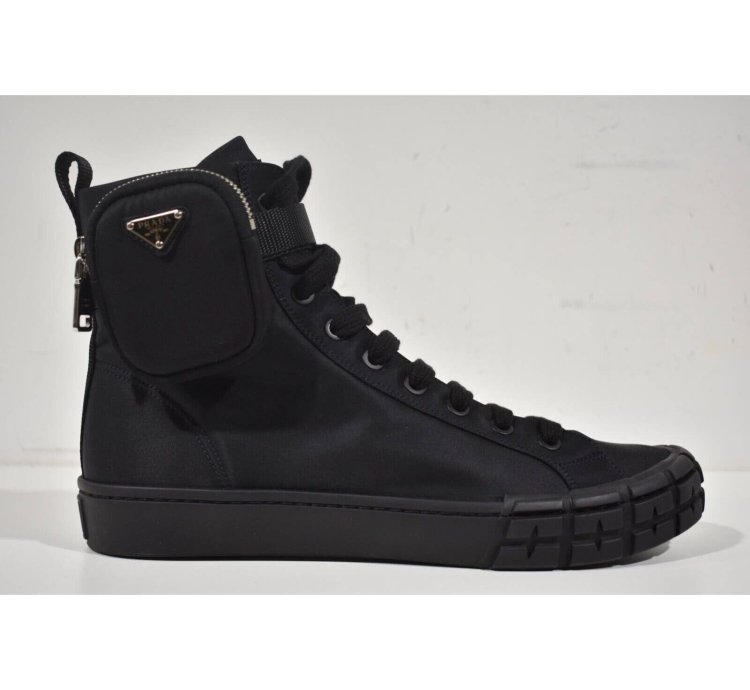 Prada Wheel Nylon Black Zip Pouch Logo High Top Sneaker