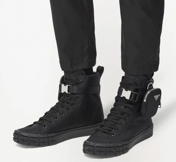 Prada Wheel Nylon Black Zip Pouch Logo High Top Sneaker