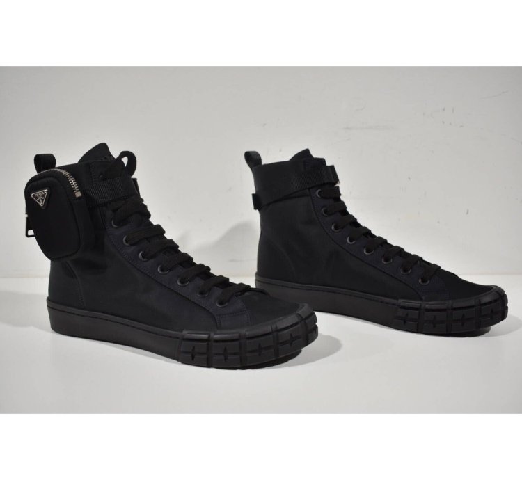 Prada Wheel Nylon Black Zip Pouch Logo High Top Sneaker