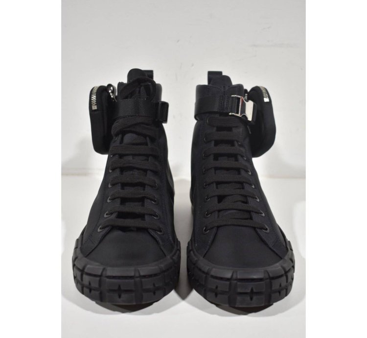 Prada Wheel Nylon Black Zip Pouch Logo High Top Sneaker