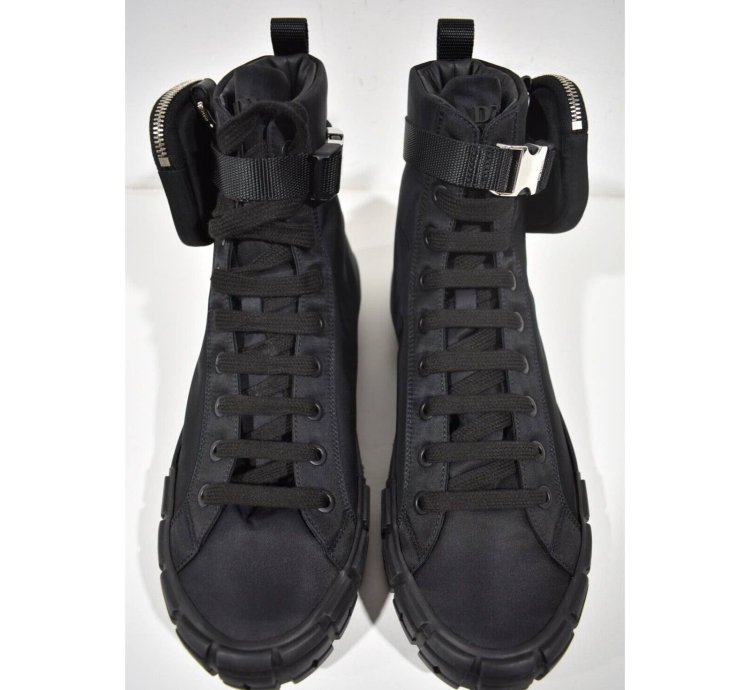 Prada Wheel Nylon Black Zip Pouch Logo High Top Sneaker