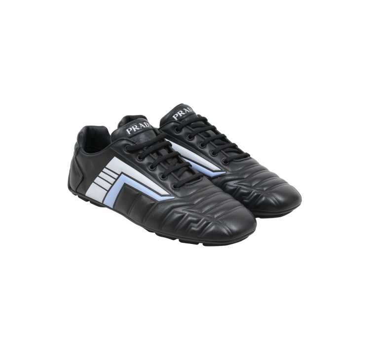 Rev Sneakers Black Padded Leather Blue Stripe Soccer Low Top