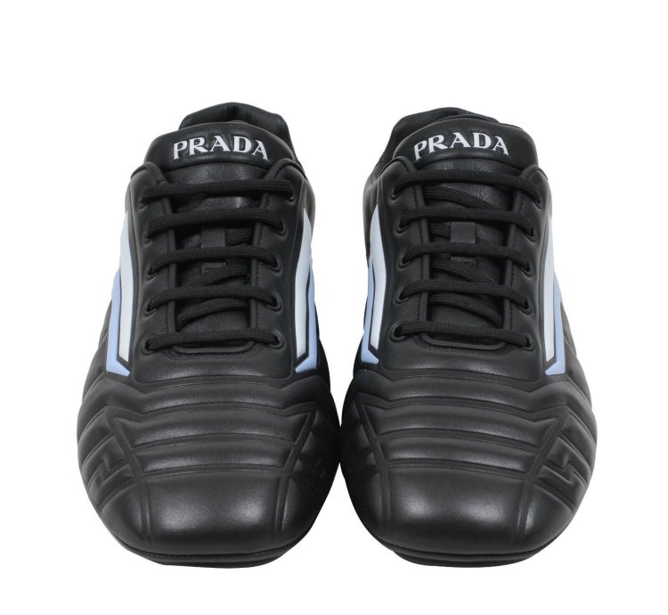 Rev Sneakers Black Padded Leather Blue Stripe Soccer Low Top