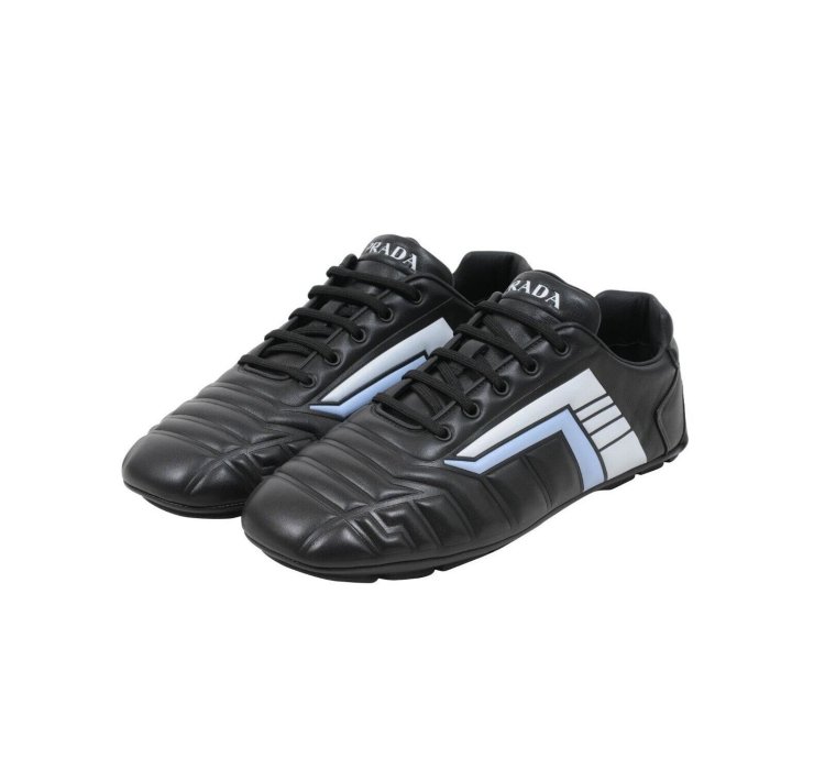 Rev Sneakers Black Padded Leather Blue Stripe Soccer Low Top