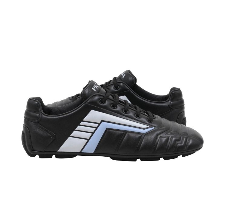 Rev Sneakers Black Padded Leather Blue Stripe Soccer Low Top