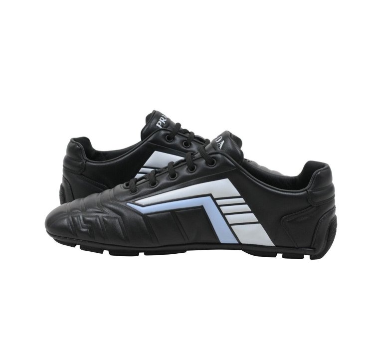 Rev Sneakers Black Padded Leather Blue Stripe Soccer Low Top