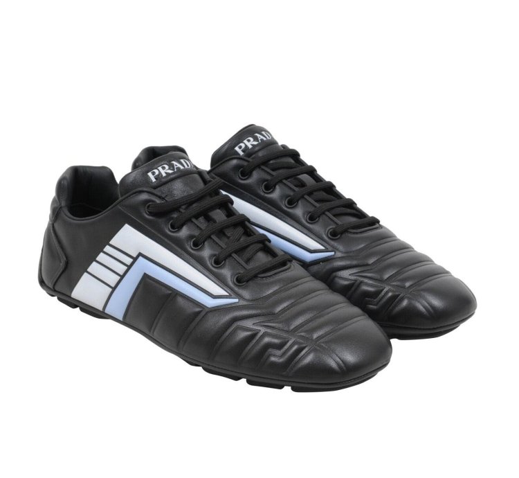 Rev Sneakers Black Padded Leather Blue Stripe Soccer Low Top