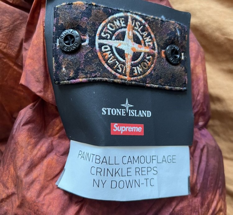 Supreme Stone Island 2020 Painted Camo Crinkle Down Jacket