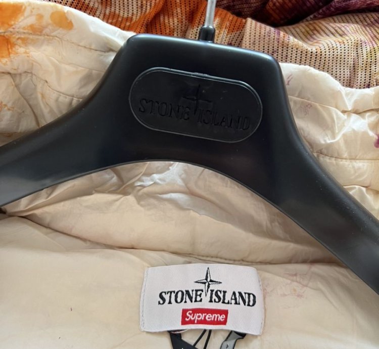 Supreme Stone Island 2020 Painted Camo Crinkle Down Jacket
