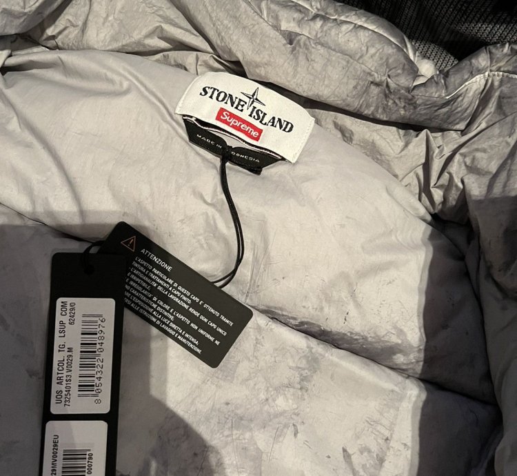 Supreme Stone Island Painted Camo Crinkle Down Jacket