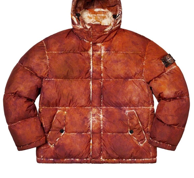 Supreme Stone Island Painted Camo Crinkle Down Jacket Coral