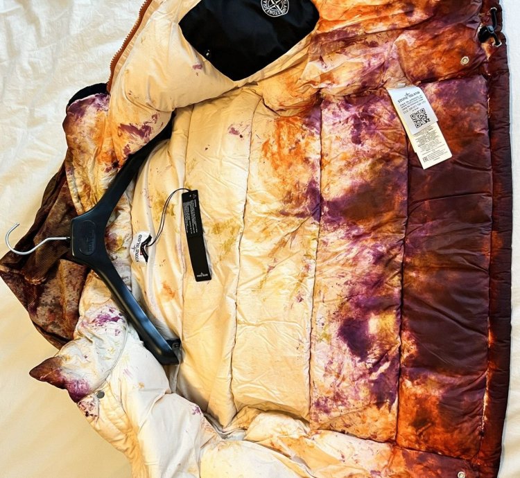 Supreme Stone Island Painted Camo Crinkle Down Jacket Coral