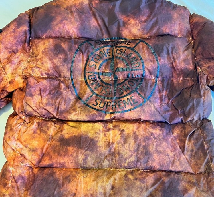 Supreme Stone Island Painted Camo Crinkle Down Jacket Coral