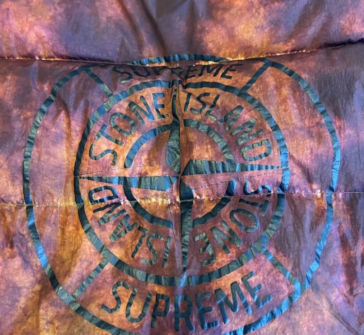 Supreme Stone Island Painted Camo Crinkle Down Jacket Coral