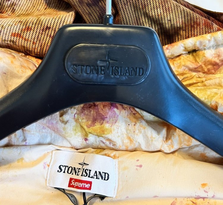 Supreme Stone Island Painted Camo Crinkle Down Jacket Coral