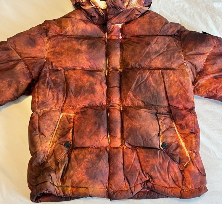Supreme Stone Island Painted Camo Crinkle Down Jacket Coral